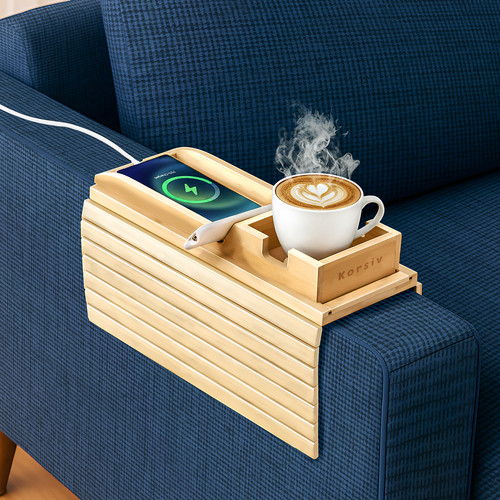 Bamboo couch cup holder tray - bamboo,