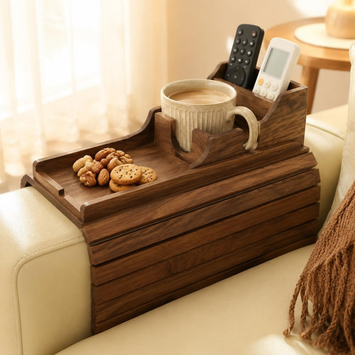 Acacia couch armrest table - acacia,