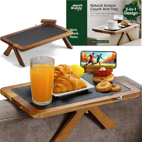 Acacia couch arm tray - tray, table